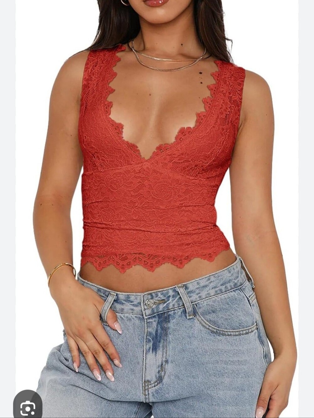 Reoria Women's Lace V-Neck Cropped Tank Top in Rust Red